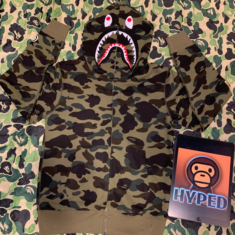 Bape PONR Green Camo Zip-Up Shark Hoodie
